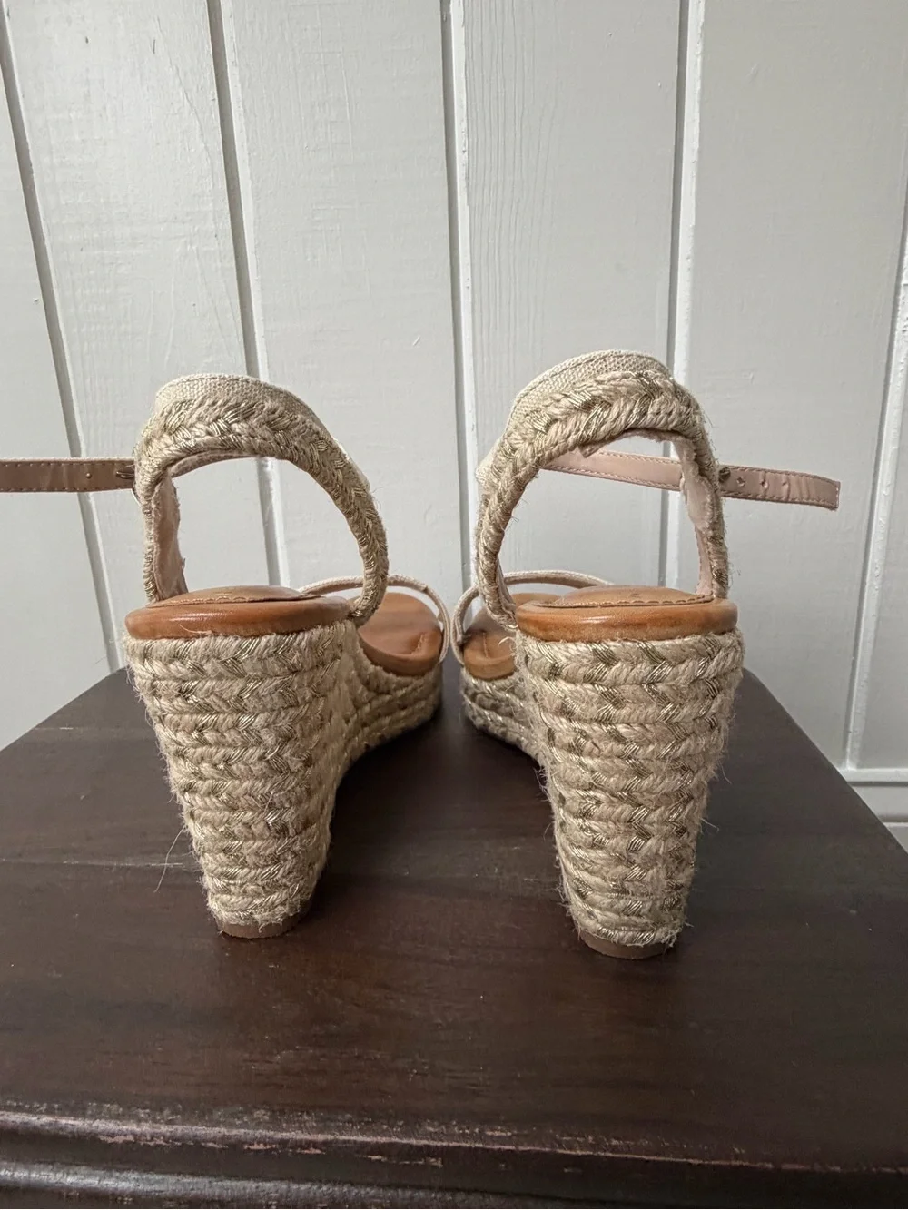 Kelly & Katie Canvas & Gold Shimmer Espadrille Wedge Sandals